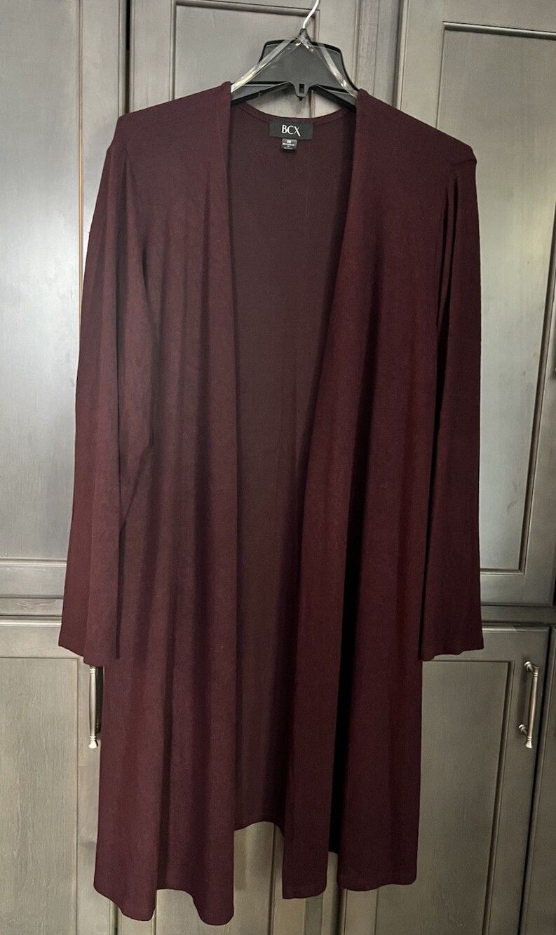 BCX Open Front Duster Cardigan Sweater Raisin Burgundy Women’s 2X Long Soft Plus